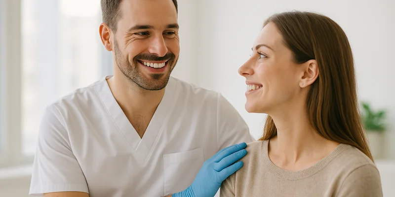broken tooth — a caring dentist reassuring a patient in a calm