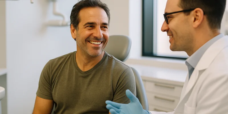Emergency Dentist in Miami Beach — a dentist talking a patient through an emergency visit