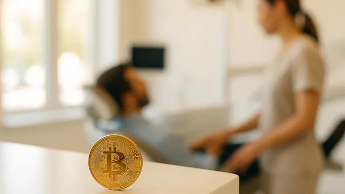 crypto-friendly dentist miami beach, a physical Bitcoin coin on a dental reception desk
