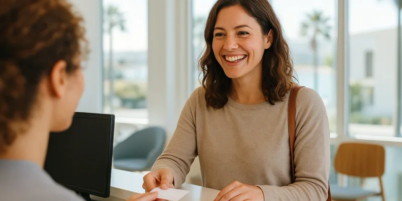 crypto-friendly dentist miami beach, a smiling patient checking in at a dental front desk