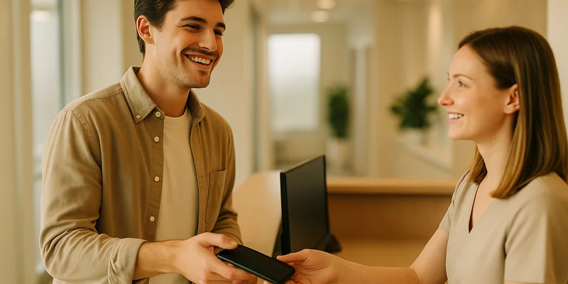 crypto-friendly dentist miami beach, a young patient completing payment at a dental front desk