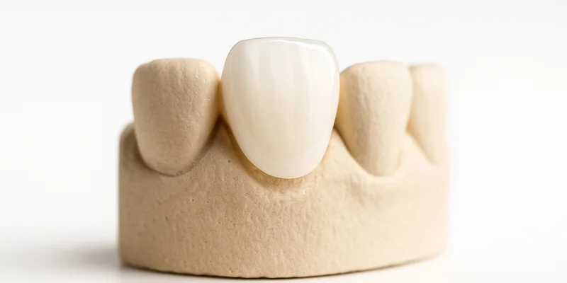 a porcelain veneer on a neutral dental tooth model — studio product photo