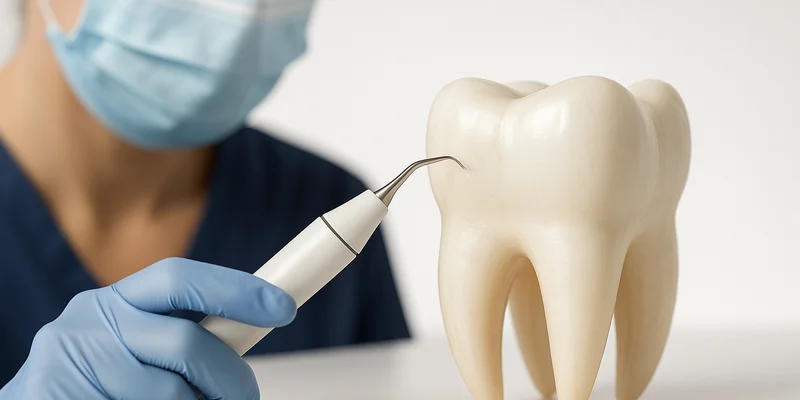 Dental hygienist performing a teeth cleaning on an adult patient