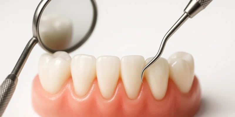 Dental tools and a mirror being used to clean teeth