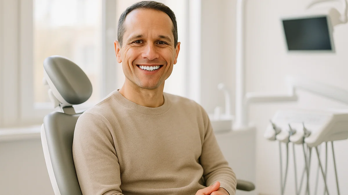 veneers vs crowns — a smiling patient at the dental office