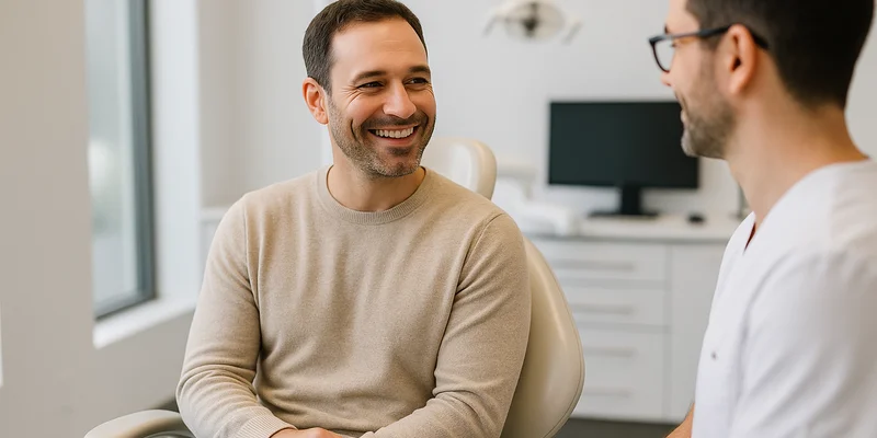 veneers vs crowns — a smiling patient at the dental office