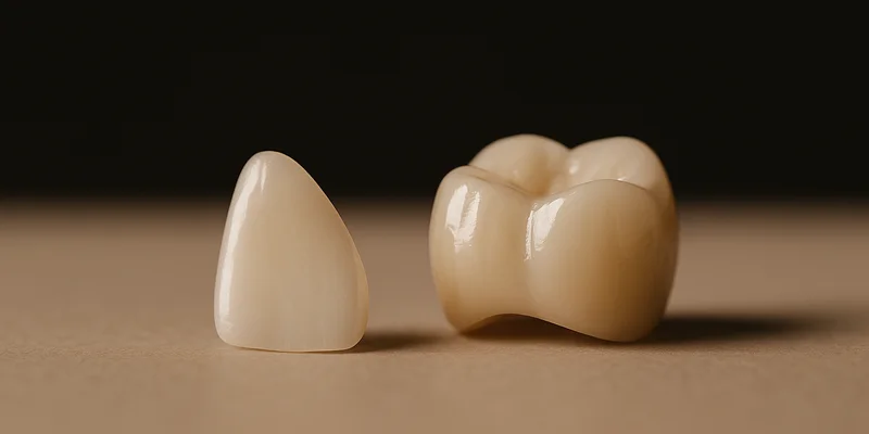veneers vs crowns — close-up of a veneer and a crown